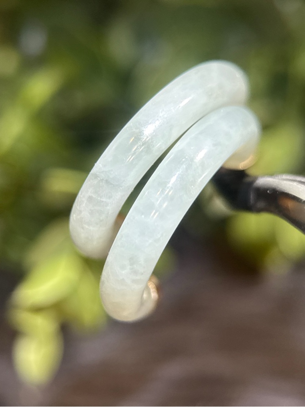 14K Gold Trim Pale Green Jade Hoop Earrings - Picture 7 of 9